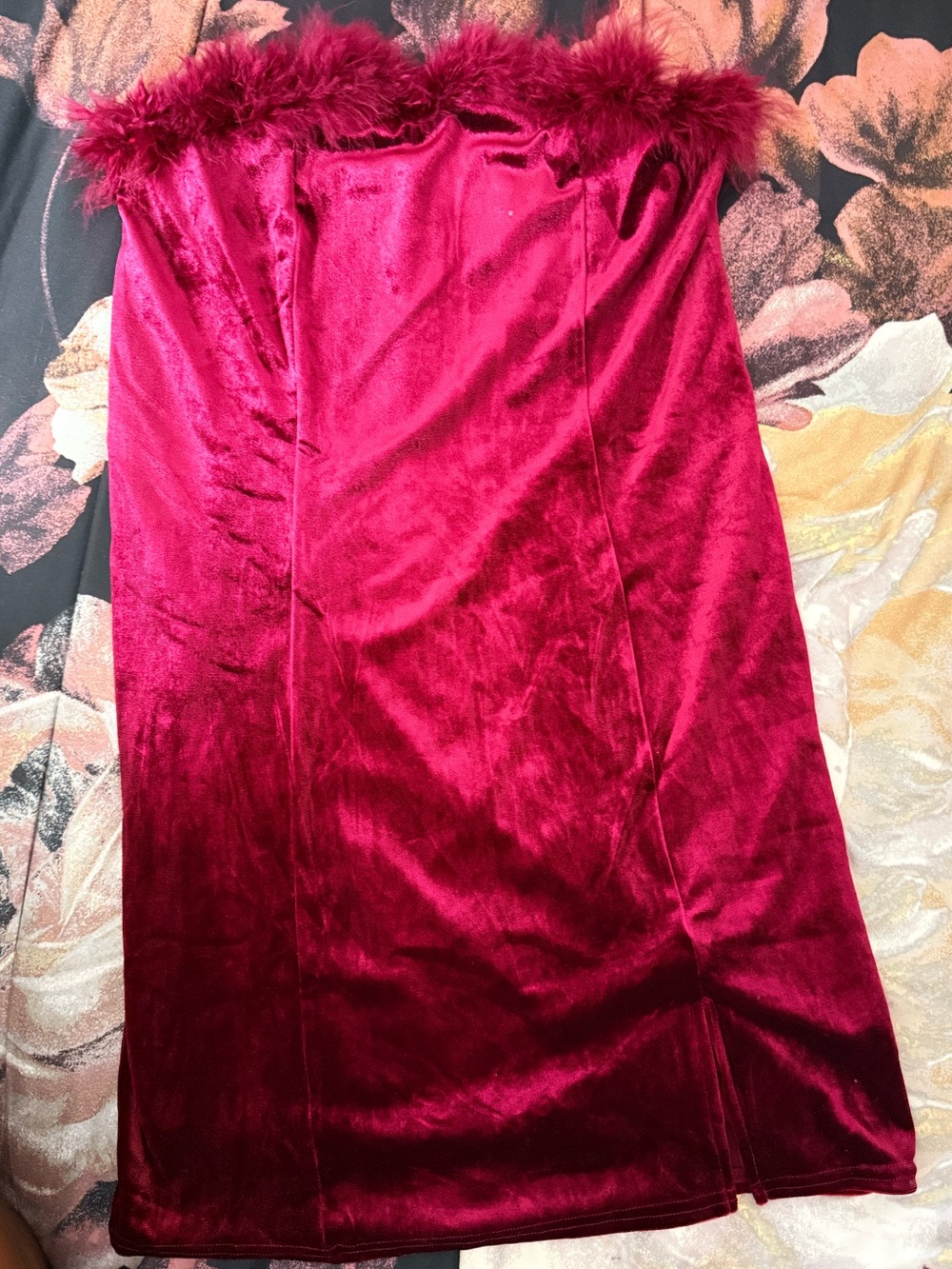 Fashion Nova Fuchsia Velvet Strapless Feather Trim Dress